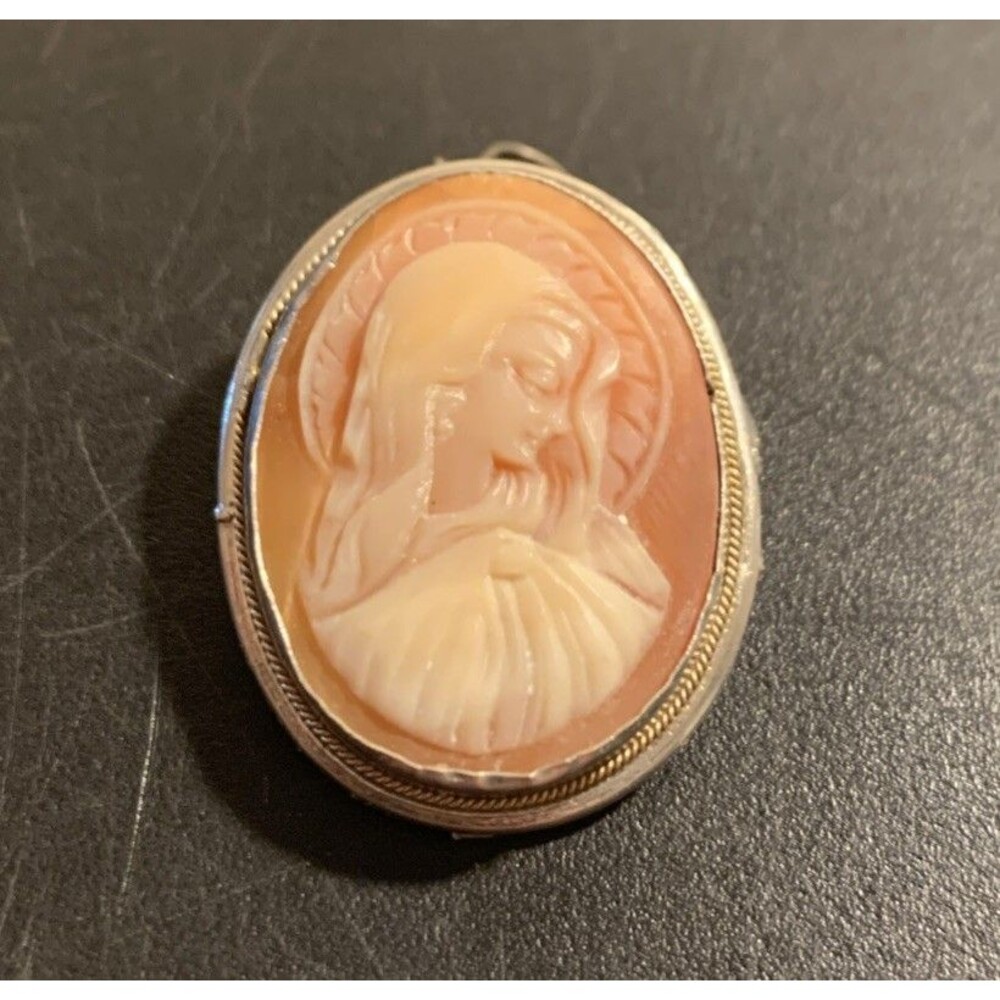 Art Deco Madonna Mother Mary Cameo Brooch Pin Pendant 800 Silver Carved Shell